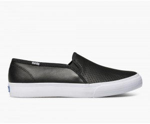 Keds Double Decker Perf Leather Black | 6013-MSVJD