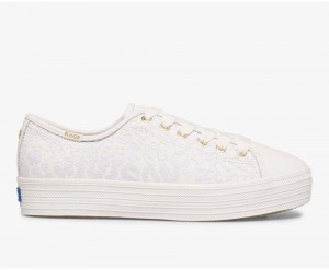 Keds x Kate Spade New York Triple Kick EmbroideredLeather White | 3724-LZRYT