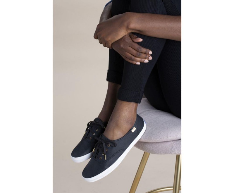 Keds Champion Luxe Leather Black | 1543-DOLKZ