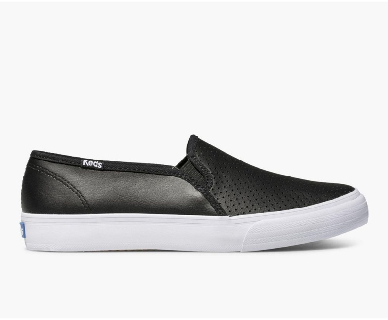 Keds Double Decker Perf Leather Black | 6013-MSVJD