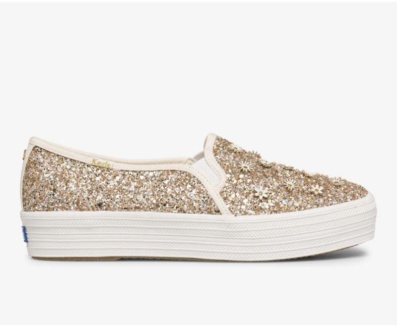 Keds x Kate Spade New York Triple Decker Glitter Flowers Gold | 7243-ZYJPS