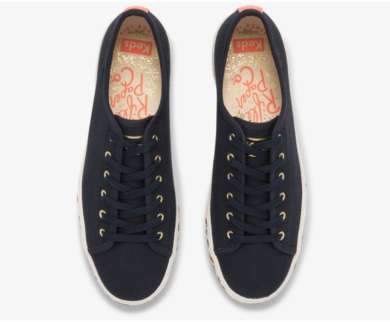 Keds x Rifle Paper Co. Triple Kick Strawberry Fields Embroidered Navy | 4786-QJSCP